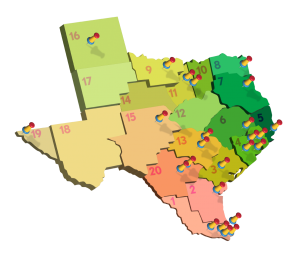Texas map with lead agent locations pinned
